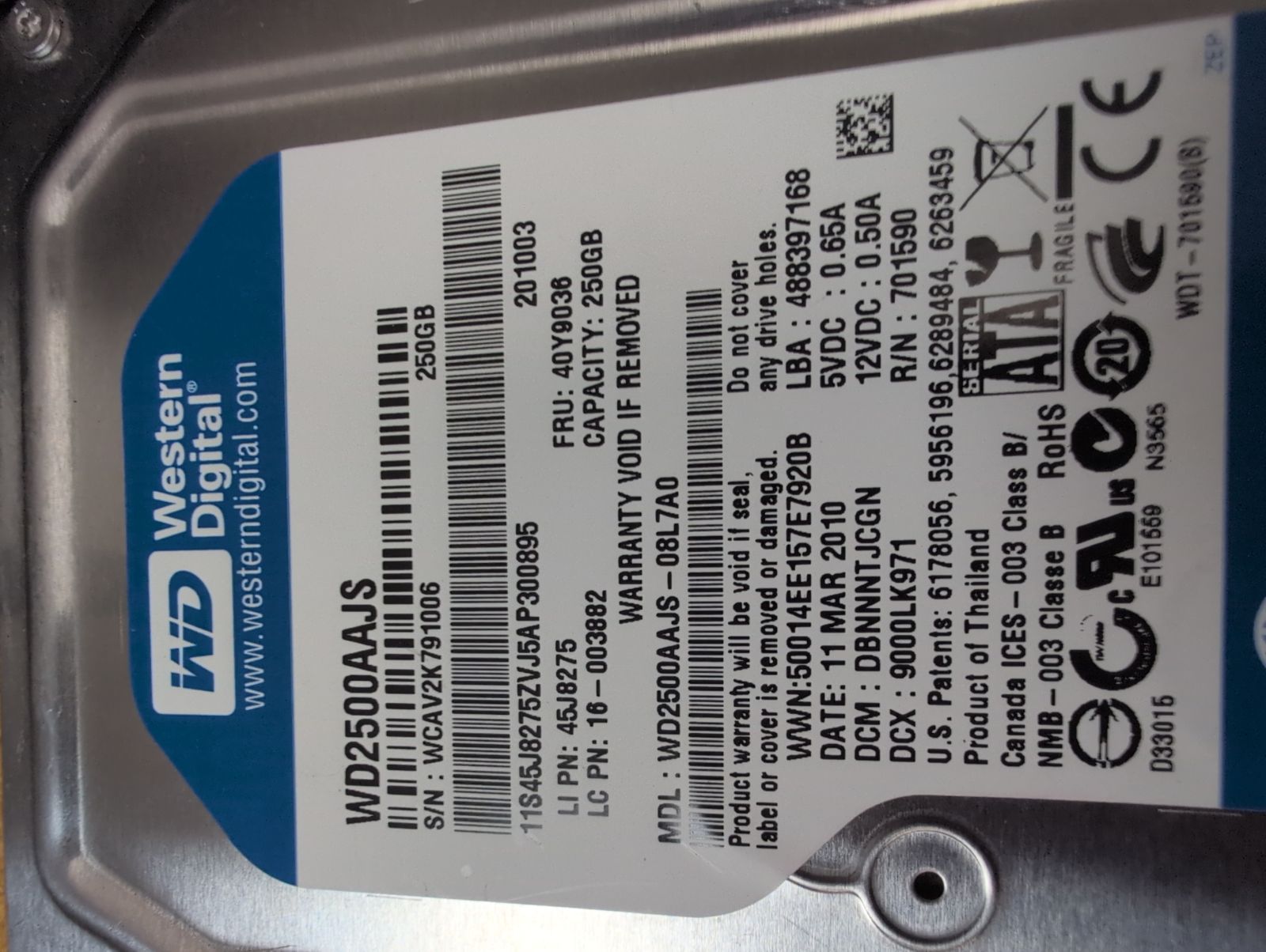 WD2500AAJS-08L7A0 Hard Drive Donor