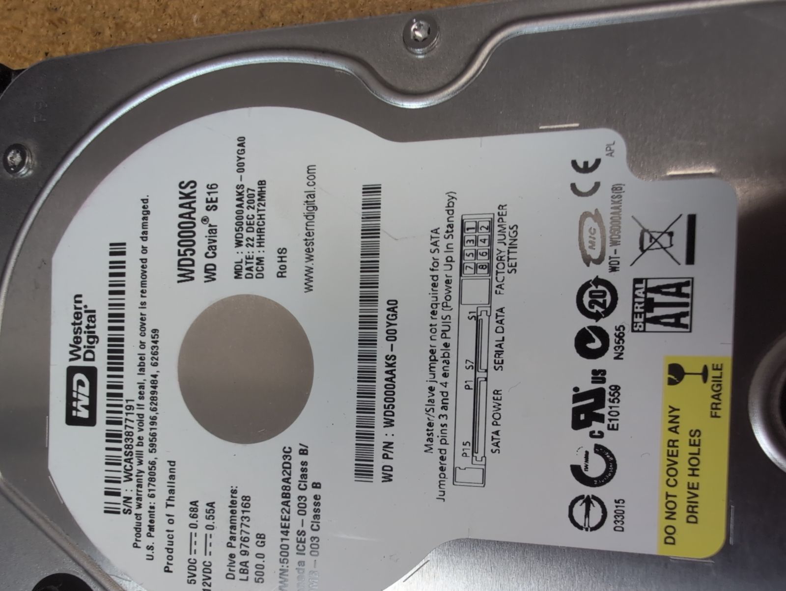 WD5000AAKS-00YGA0 Hard Drive Donor