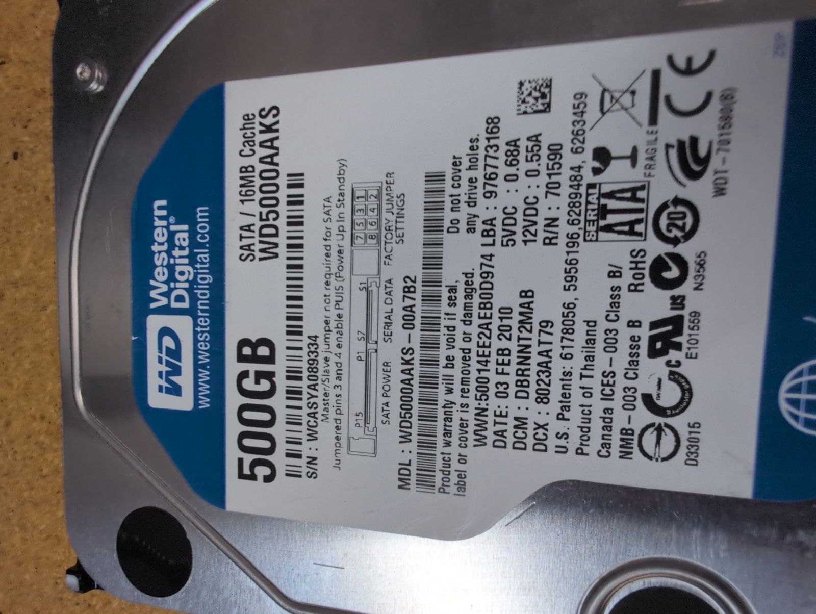 WD5000AAKS-00A7B2 Hard Drive Donor